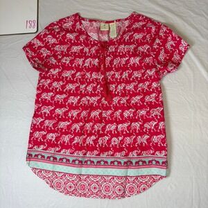 Caribbean Joe Red Elephant Print Tassel Pintuck Top Womens Small Short Sleeve